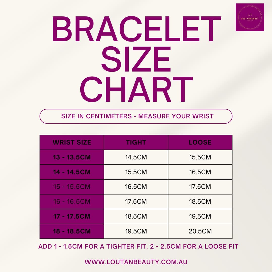 Bracelet size chart showing wrist measurements and recommended bracelet sizes for tight and loose fits in centimeters
