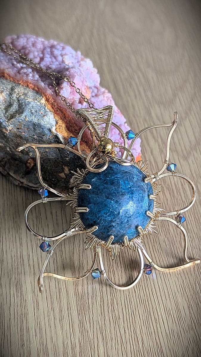 Sunshine Flower Pendant with Handcut Blue Apatite pendant detail - view 3 of 4 by Loutan Beauty