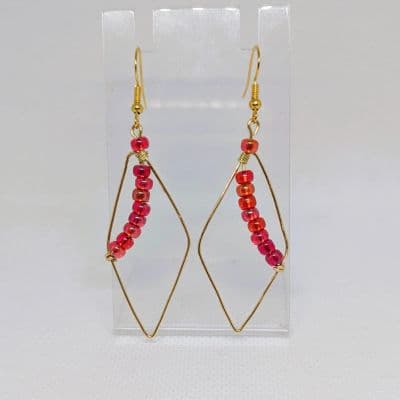 red flame seed beads earrings in copper and gold plated copper - Leaf Style Drop Earrings - Flame Red Beads by Loutan Beauty