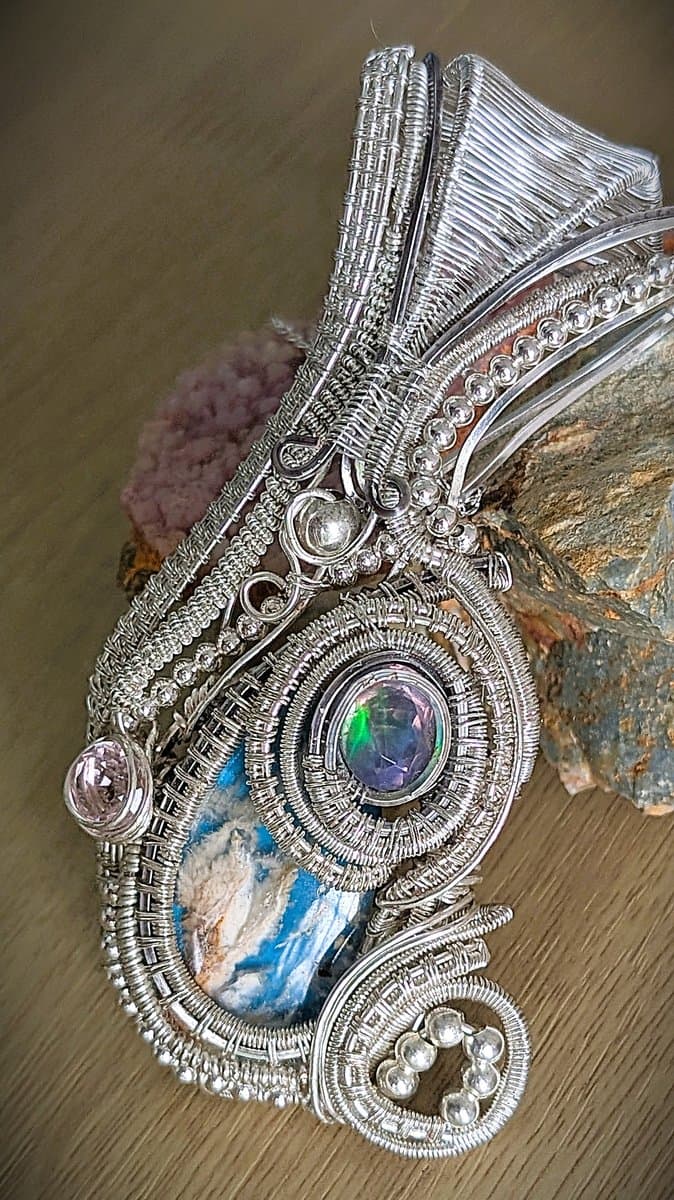 Large Pendant with Lab Fire Opal, Pink Cubic Zirconia and Blue Plume Agate Triplet pendant detail - view 8 of 8 by Loutan Beauty
