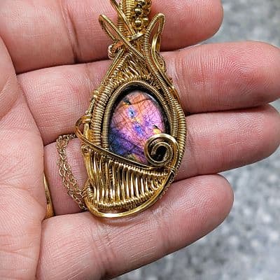 Rainbow Labradorite Pendant in Gold Plated Copper Wire pendant detail - view 4 of 5 by Loutan Beauty