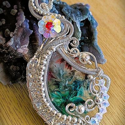 Dyed Moss Agate Pendant with Preciosa Crystals and Beading pendant detail - view 2 of 6 by Loutan Beauty