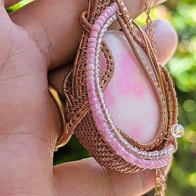 White Jade Pendant with Pink Dye and Seed Beads pendant detail - view 3 of 8 by Loutan Beauty