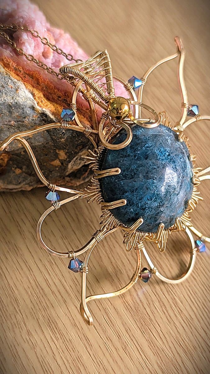 Sunshine Flower Pendant with Handcut Blue Apatite pendant detail - view 4 of 4 by Loutan Beauty