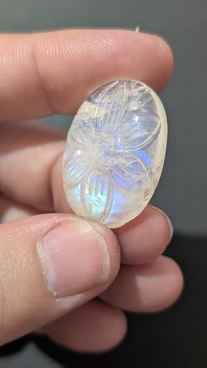 Carved Blue Moonstone stone detail - view 2 of 3 by Loutan Beauty