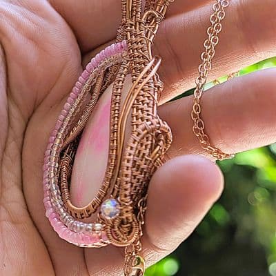 White Jade Pendant with Pink Dye and Seed Beads pendant detail - view 2 of 8 by Loutan Beauty