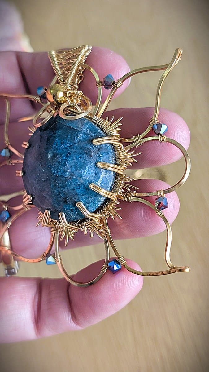 Sunshine Flower Pendant with Handcut Blue Apatite pendant detail - view 2 of 4 by Loutan Beauty