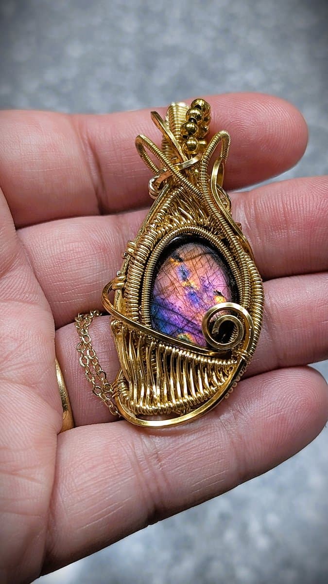 Labradorite and Rainbow Labradorite pendant - Rainbow Labradorite Pendant in Gold Plated Copper Wire by Loutan Beauty