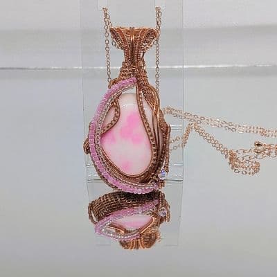 White Jade Pendant with Pink Dye and Seed Beads pendant detail - view 8 of 8 by Loutan Beauty
