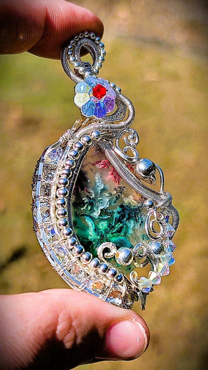 Dyed Moss Agate Pendant with Preciosa Crystals and Beading - handcrafted jewellery by Loutan Beauty - view 1