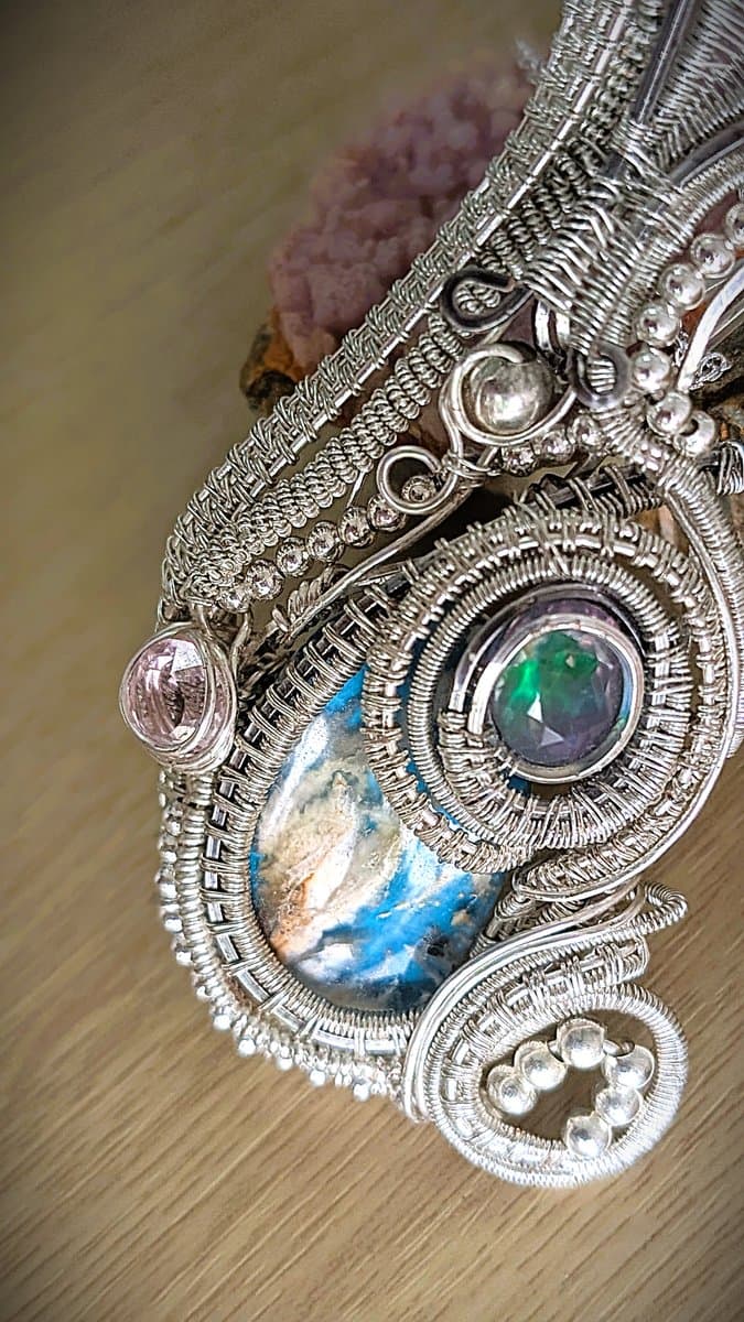 lab opal and cubic zirconia pendant in silver-plated copper - Large Pendant with Lab Fire Opal, Pink Cubic Zirconia and Blue Plume Agate Triplet by Loutan Beauty