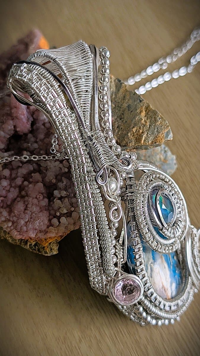 Large Pendant with Lab Fire Opal, Pink Cubic Zirconia and Blue Plume Agate Triplet pendant detail - view 3 of 8 by Loutan Beauty