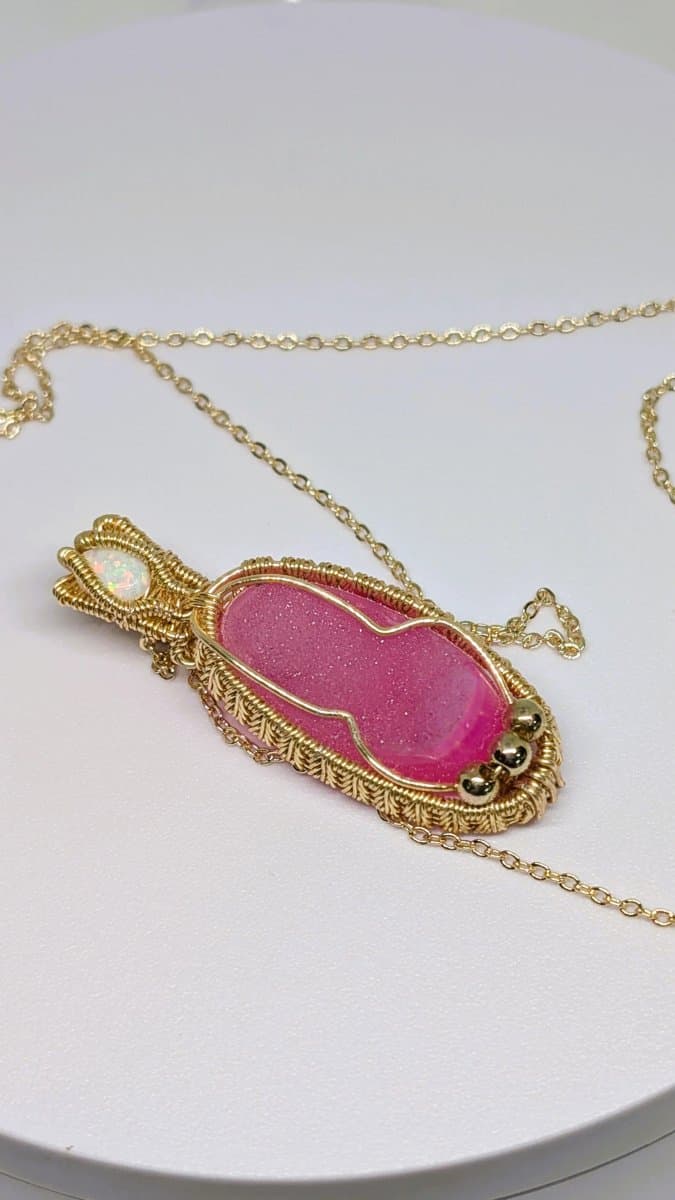 Opal and Crystal pendant - Pink Druzy Crystal and Ethiopian Opal Pendant by Loutan Beauty