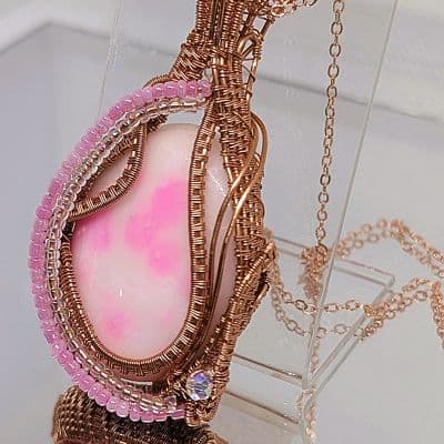 White Jade Pendant with Pink Dye and Seed Beads pendant detail - view 1 of 8 by Loutan Beauty