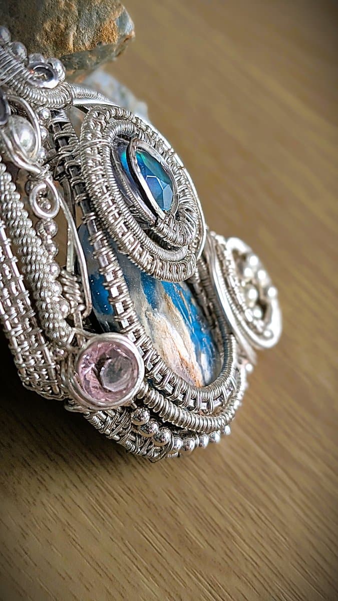 Large Pendant with Lab Fire Opal, Pink Cubic Zirconia and Blue Plume Agate Triplet pendant detail - view 4 of 8 by Loutan Beauty