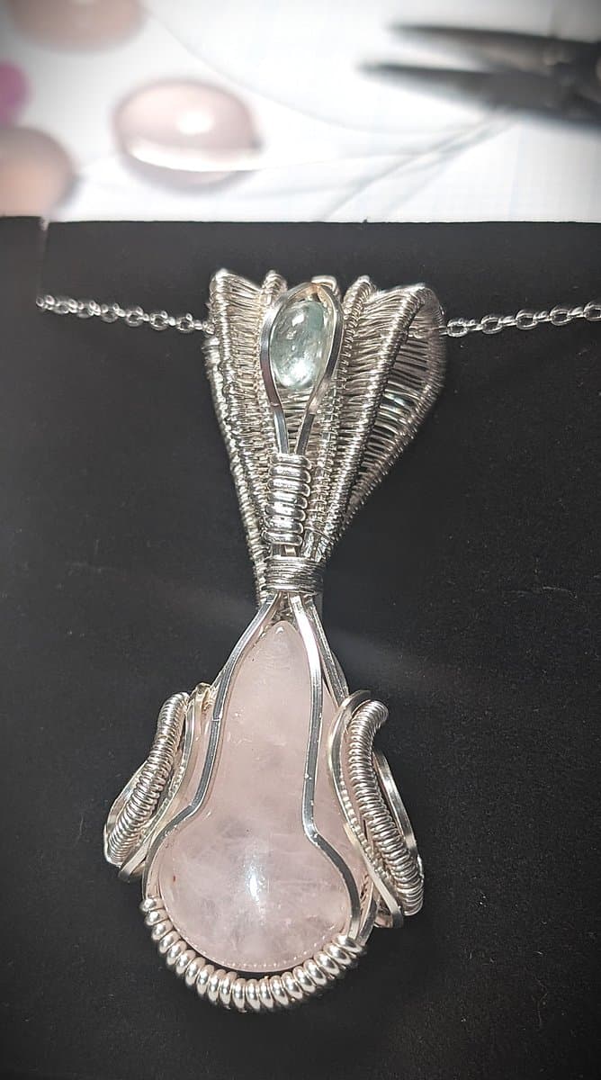 Rose Quartz and Grey Moonstone Pendant - handcrafted jewellery by Loutan Beauty - view 3