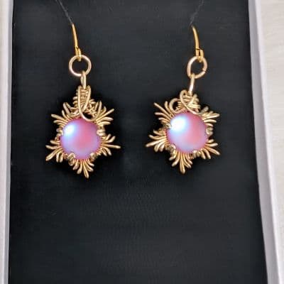 resin cabochon earrings in silver plated copper and gold plated copper - Wire Wrapped Ethereal Effect Moonstone Earrings - Pink Snowflake - Small by Loutan Beauty