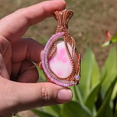White Jade Pendant with Pink Dye and Seed Beads pendant detail - view 7 of 8 by Loutan Beauty