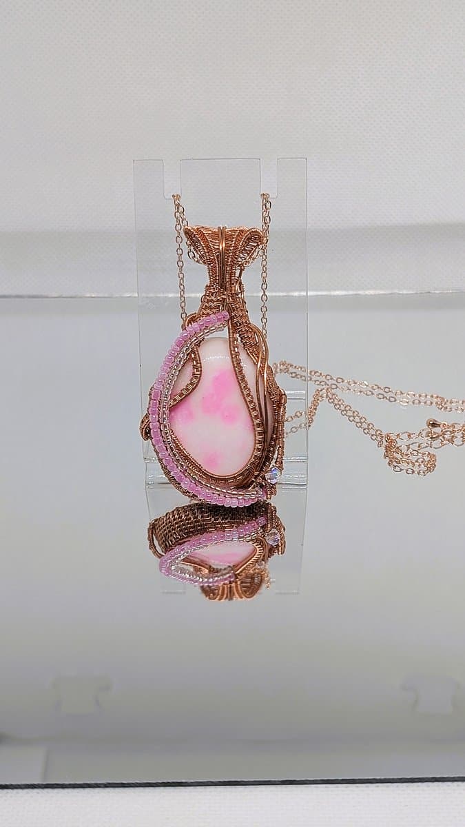 Crystal and Jade pendant - White Jade Pendant with Pink Dye and Seed Beads by Loutan Beauty