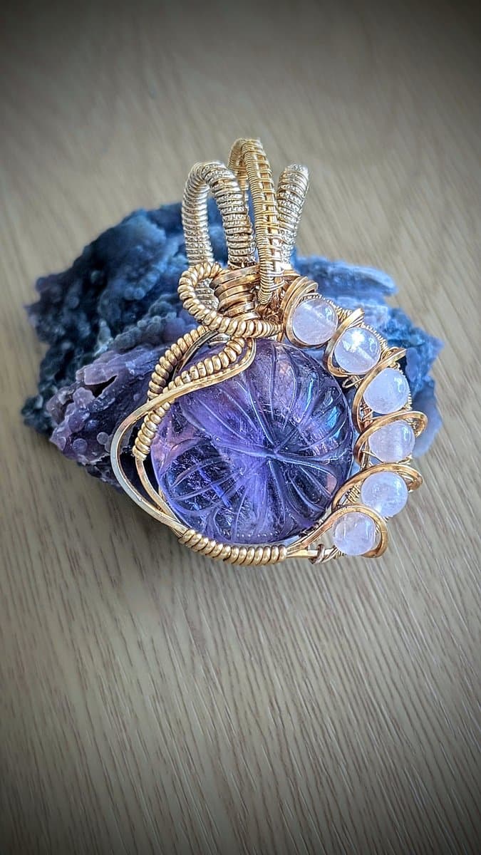 Amethyst and Quartz pendant - Amethyst Pendant with Rose Quartz Beads and Gold Plated Wire by Loutan Beauty