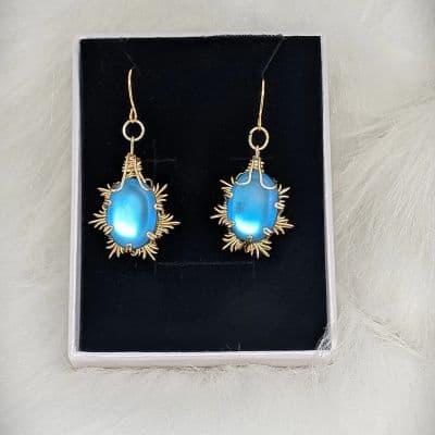 Moonstone earrings - Wire Wrapped Ethereal Effect Moonstone Earrings - Blue Snowflake Large by Loutan Beauty