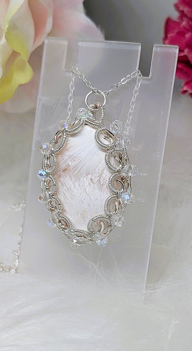 Pink Scolecite and Swarovski Bead Pendant Necklace pendant detail - view 12 of 14 by Loutan Beauty