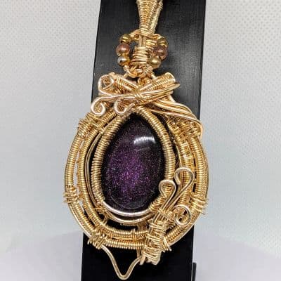 handmade resin cabochon pendant in gold plated copper - Wire Wrapped Purple Glitter Pendant - 14K Gold-Plated Copper Wire by Loutan Beauty