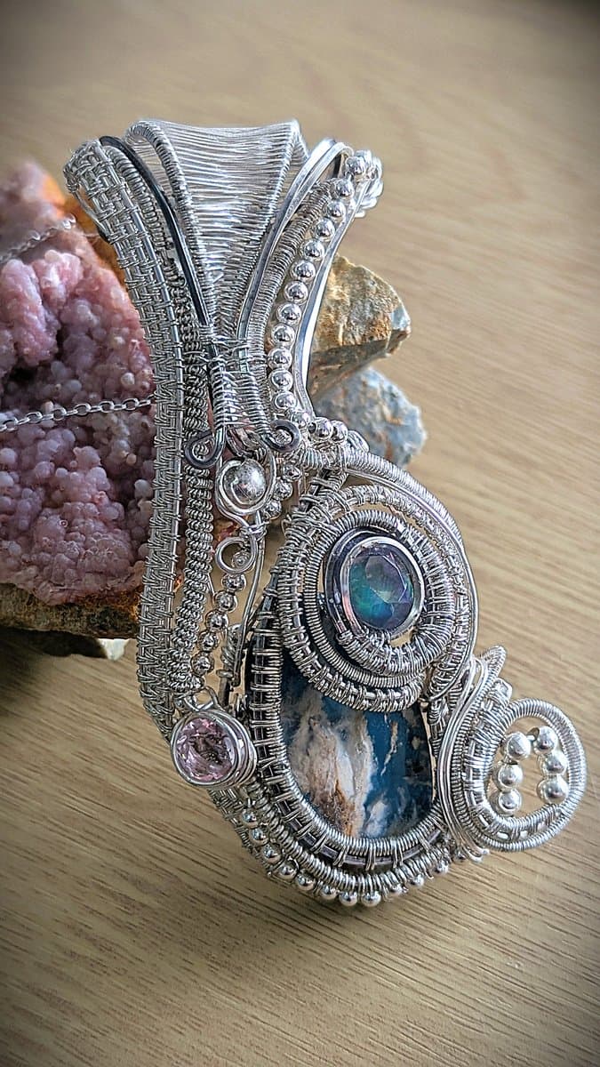Large Pendant with Lab Fire Opal, Pink Cubic Zirconia and Blue Plume Agate Triplet pendant detail - view 6 of 8 by Loutan Beauty