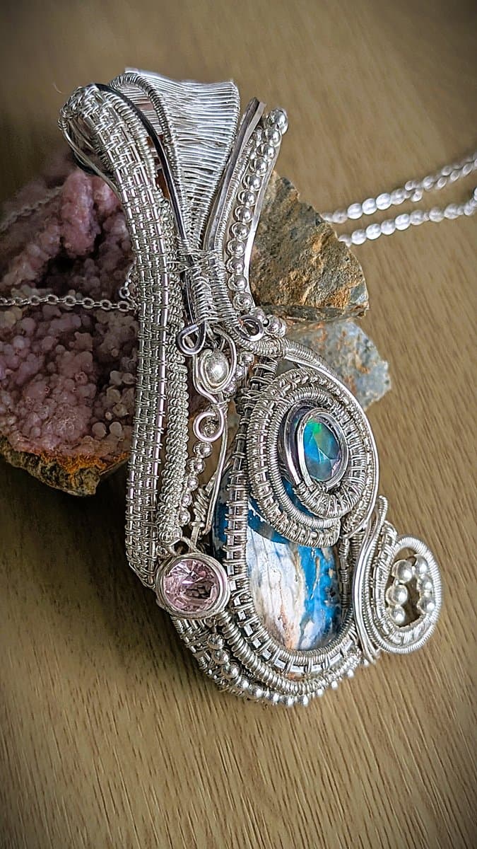 Large Pendant with Lab Fire Opal, Pink Cubic Zirconia and Blue Plume Agate Triplet pendant detail - view 5 of 8 by Loutan Beauty