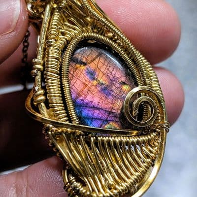 Rainbow Labradorite Pendant in Gold Plated Copper Wire pendant detail - view 1 of 5 by Loutan Beauty