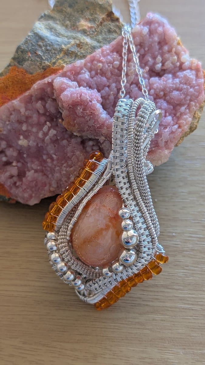 Australian Agate pendant - Australian Orange Agate Pendant with Beading by Loutan Beauty