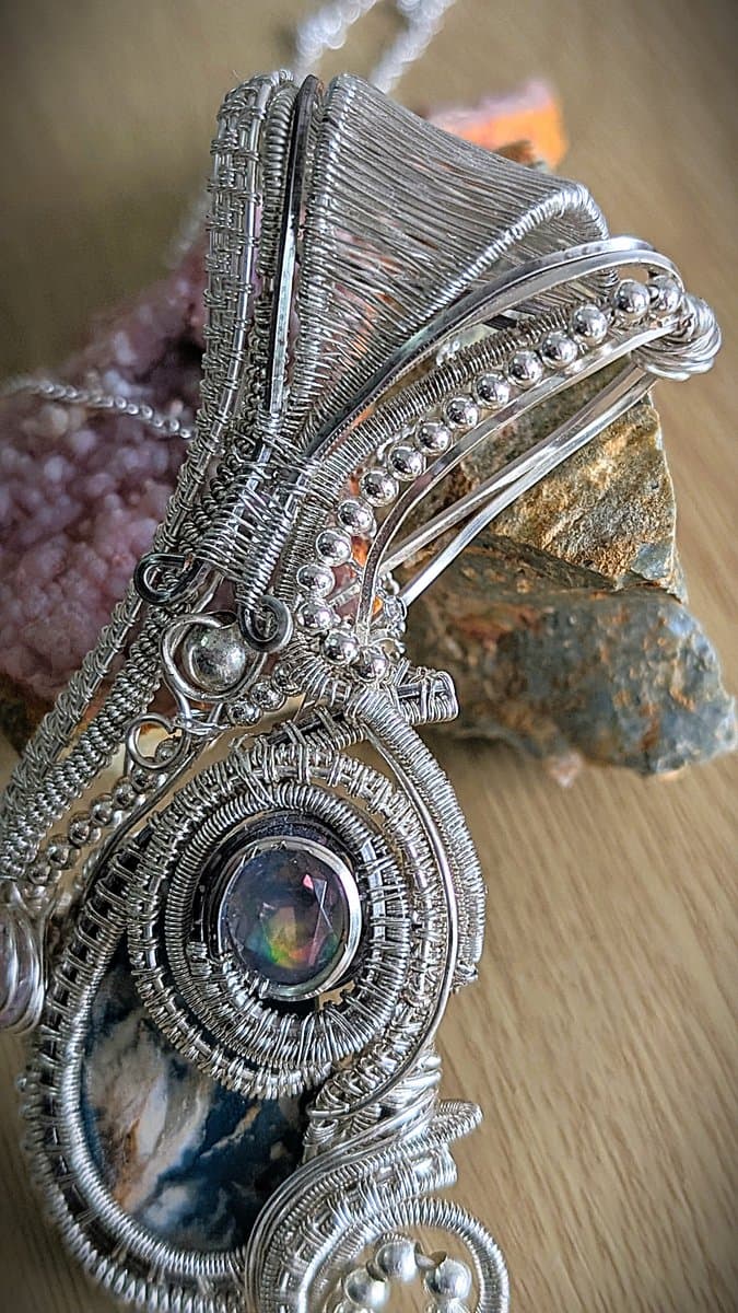 Large Pendant with Lab Fire Opal, Pink Cubic Zirconia and Blue Plume Agate Triplet pendant detail - view 7 of 8 by Loutan Beauty