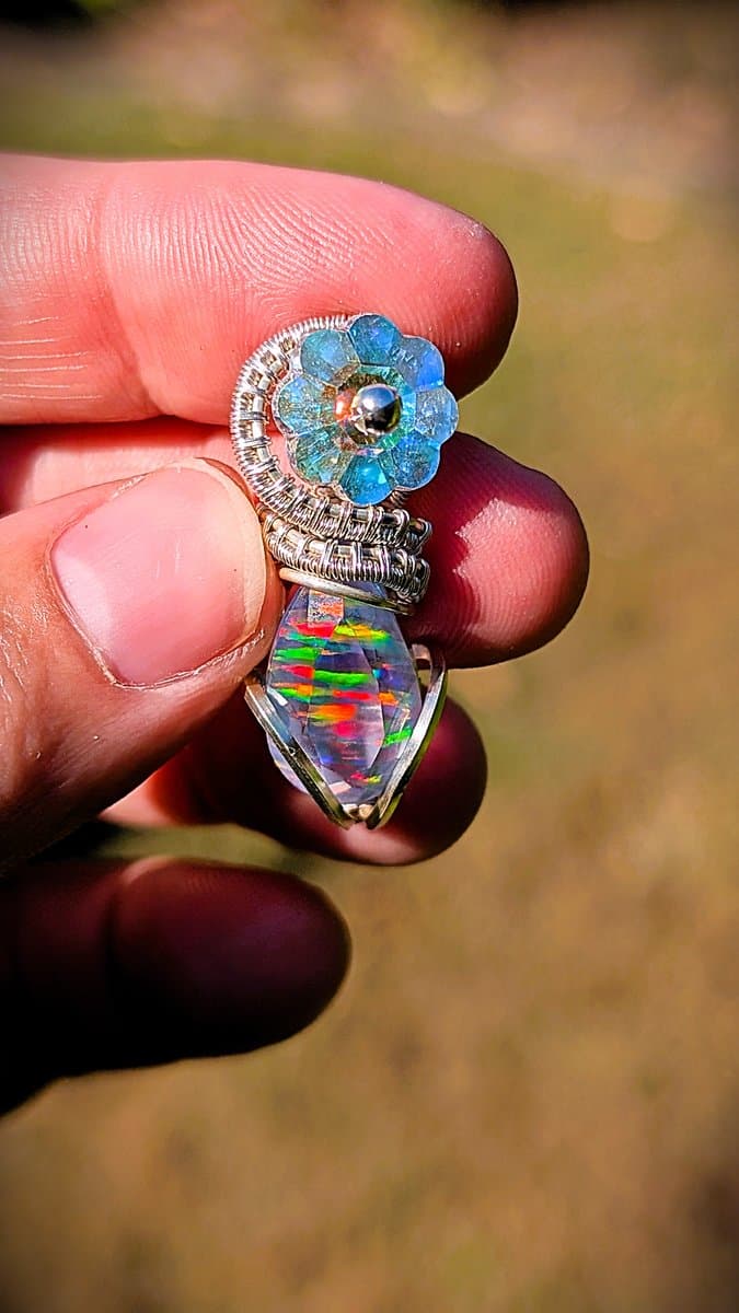 fire opal and swarovski pendant in silver plated copper - Aurora Fire Opal and Flower Crystal Pendant by Loutan Beauty