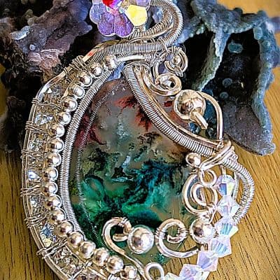 Dyed Moss Agate Pendant with Preciosa Crystals and Beading pendant detail - view 1 of 6 by Loutan Beauty