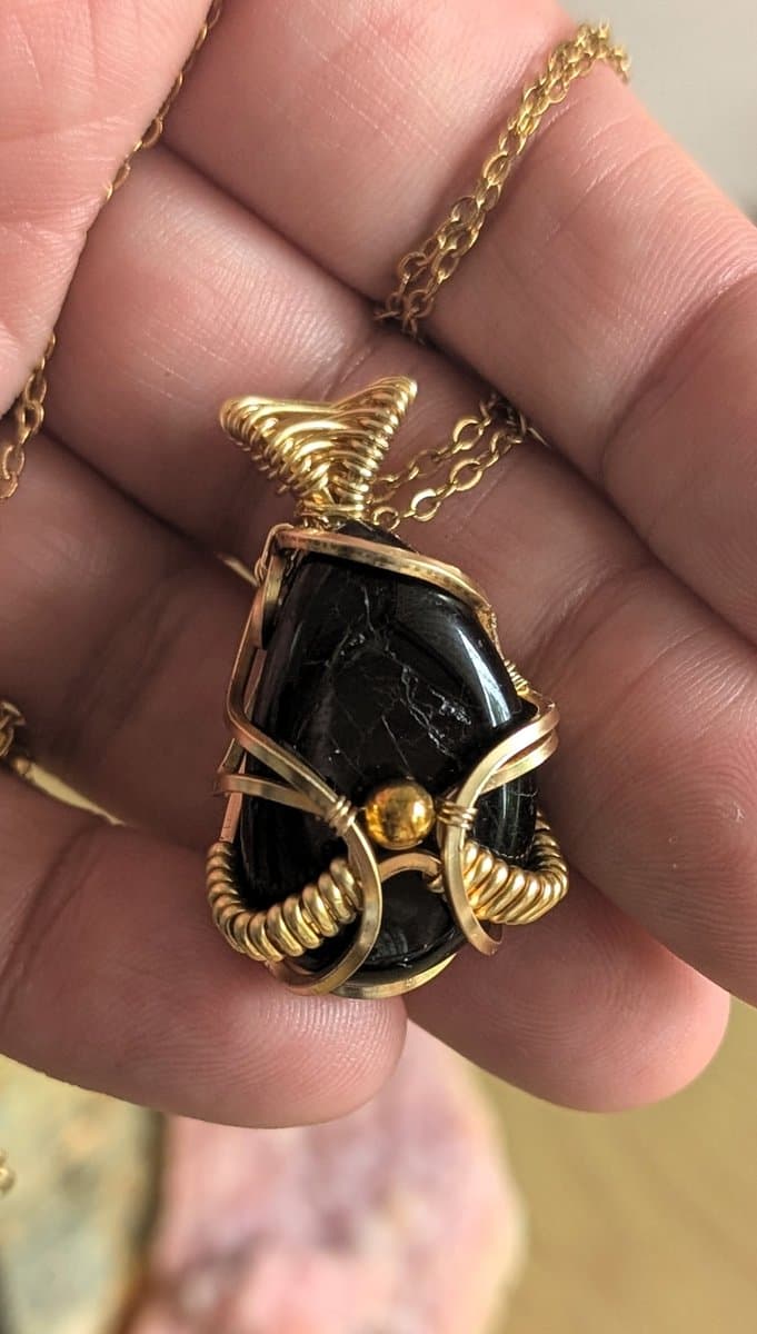 black tourmaline pendant in gold-plated copper - Black Tourmaline Pendant - Gold Plated Copper Wire by Loutan Beauty