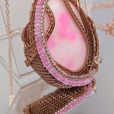 White Jade Pendant with Pink Dye and Seed Beads pendant detail - view 6 of 8 by Loutan Beauty