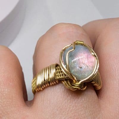 Light Blue and Pink Holographic Effect Ring - Handcrafted - Resin Cabachon ring detail - view 5 of 6 by Loutan Beauty