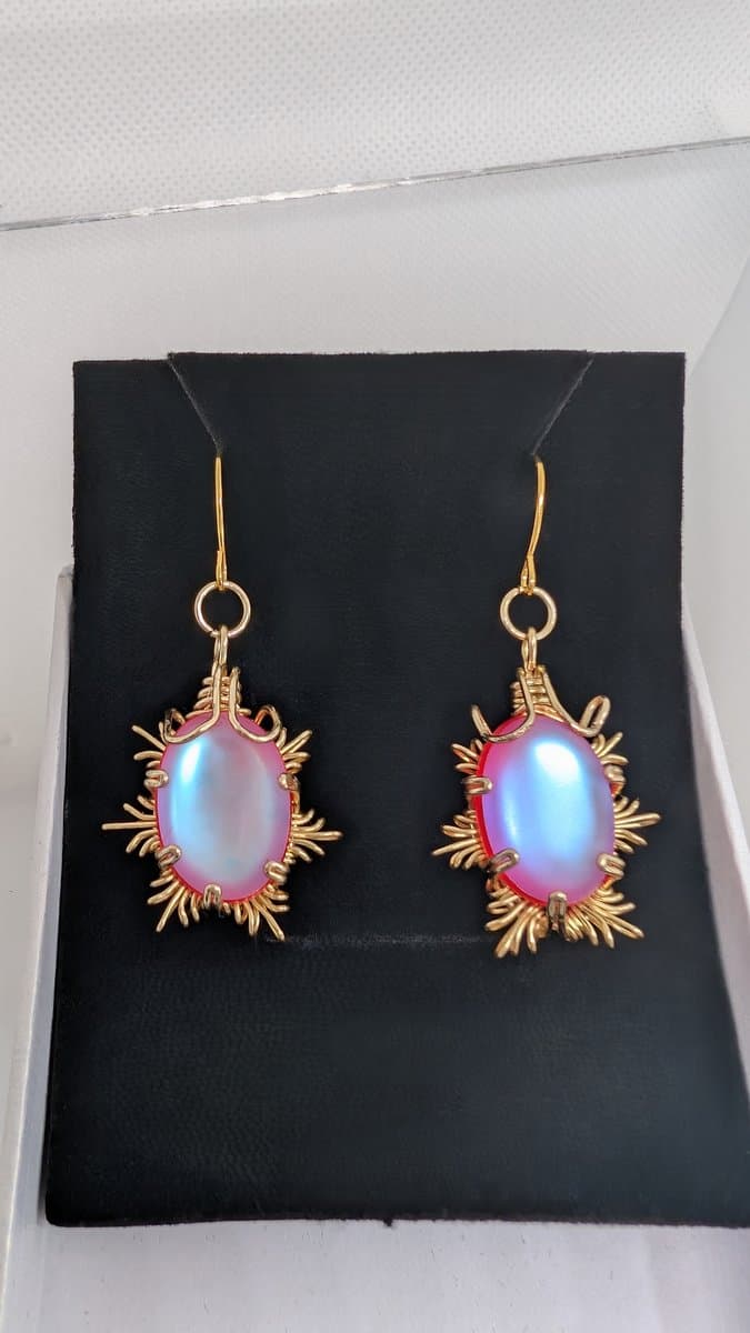 resin cabochon earrings in silver plated copper and gold plated copper - Wire Wrapped Ethereal Effect Moonstone Earrings - Pink Snowflake - Large by Loutan Beauty