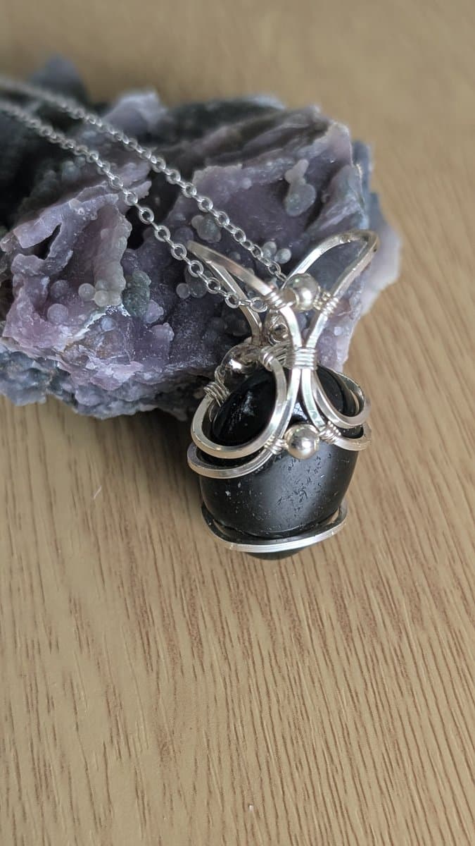 black tourmaline pendant in silver-plated copper - Black Tourmaline Pendant - Silver Plated Copper Wire by Loutan Beauty