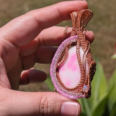 White Jade Pendant with Pink Dye and Seed Beads pendant detail - view 5 of 8 by Loutan Beauty
